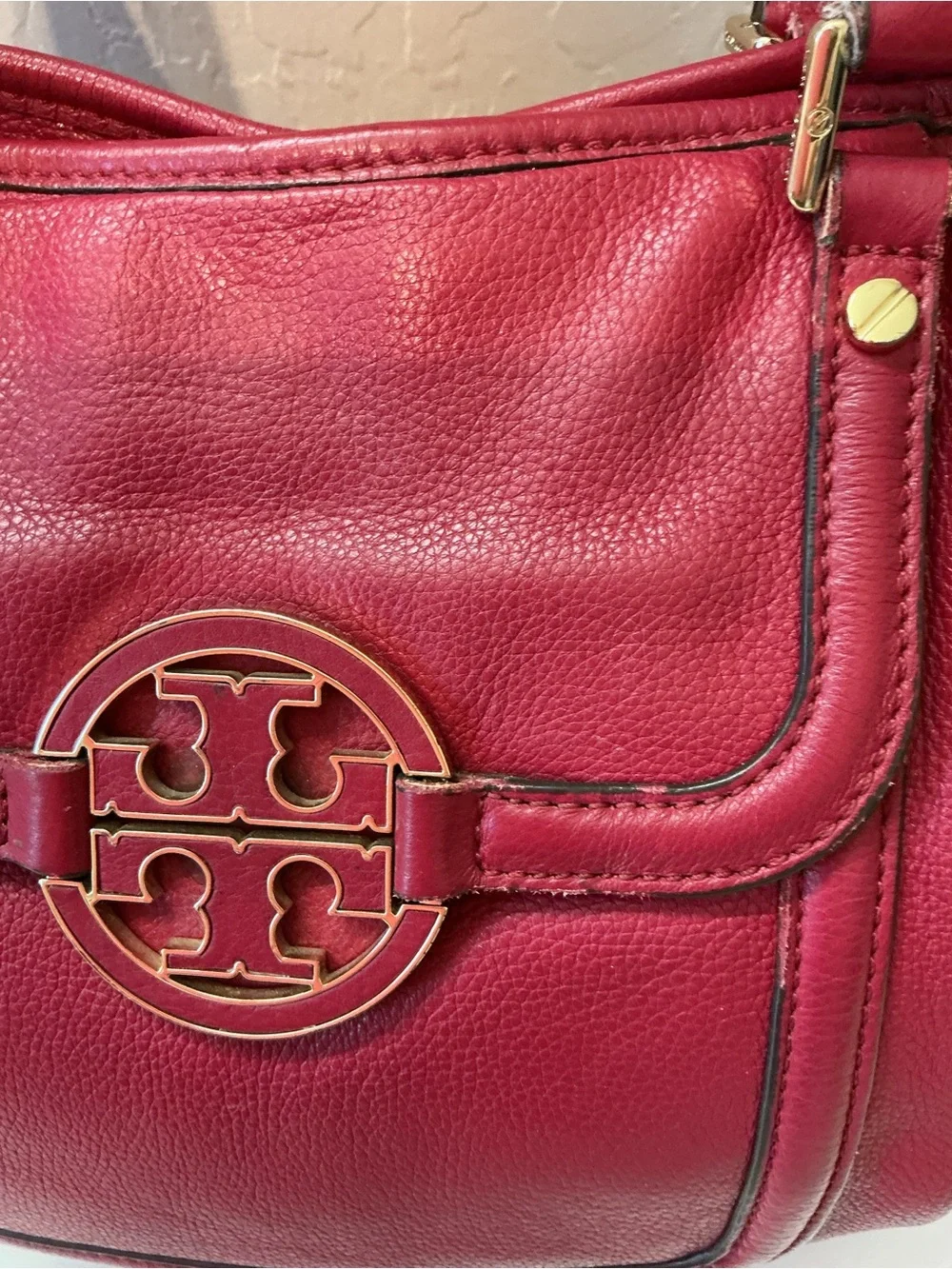 Tory Burch Amanda Pebbled Leather Red Raspberry crossbody tote bag